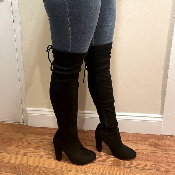 High heel Knee high solid black soft suede boots tie up autumn party block heels - Picture 2 of 13